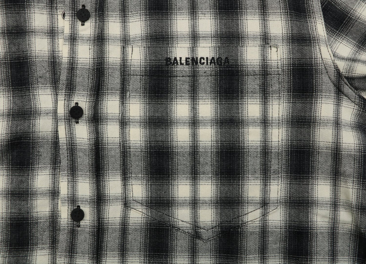 Balenciaga Black-and-White Check Chest-Pocket Paris Micro-Label Long-Sleeve Shirt