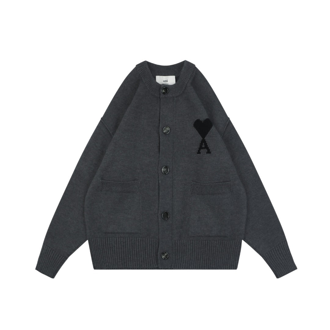 AMI Paris 25FW Ami de Cœur Tonal Heart Logo Crewneck Cardigan - Dark Grey