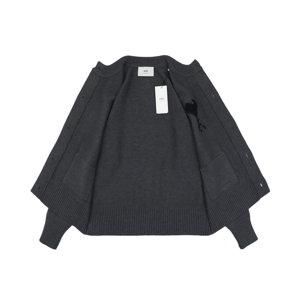 AMI Paris 25FW Ami de Cœur Tonal Heart Logo Crewneck Cardigan - Dark Grey