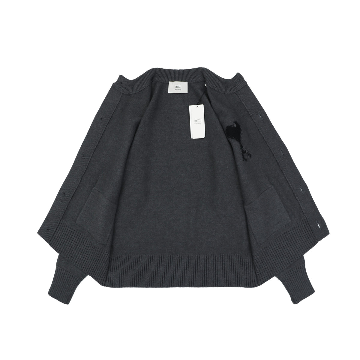 AMI Paris 25FW Ami de Cœur Tonal Heart Logo Crewneck Cardigan - Dark Grey