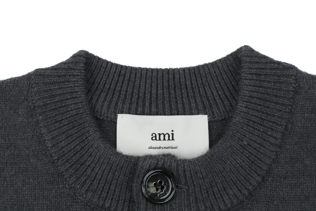 AMI Paris 25FW Ami de Cœur Tonal Heart Logo Crewneck Cardigan - Dark Grey
