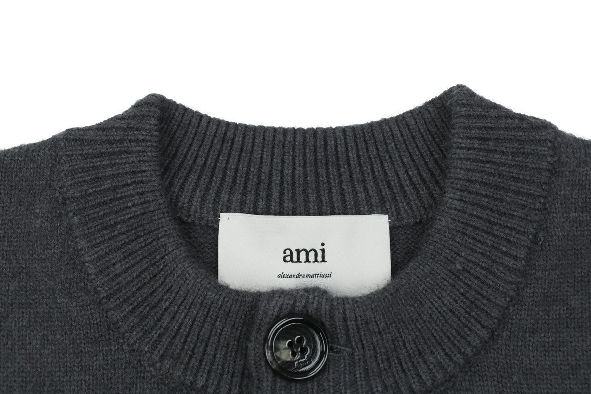 AMI Paris 25FW Ami de Cœur Tonal Heart Logo Crewneck Cardigan - Dark Grey