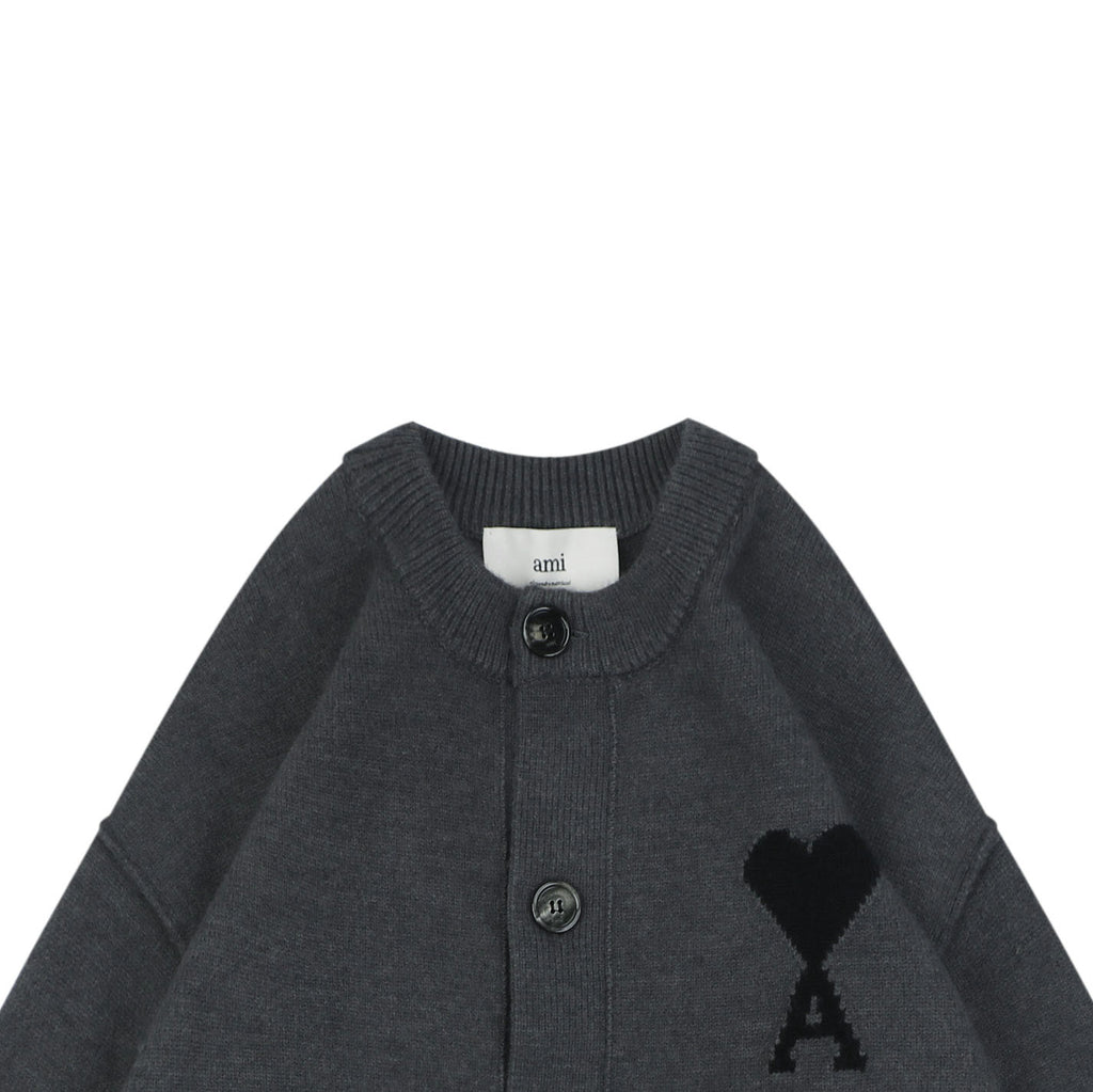 AMI Paris 25FW Ami de Cœur Tonal Heart Logo Crewneck Cardigan - Dark Grey