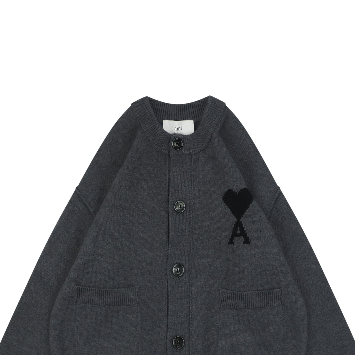 AMI Paris 25FW Ami de Cœur Tonal Heart Logo Crewneck Cardigan - Dark Grey